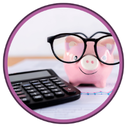 Youth Employment Hub be money smart - piggy bank wearing glasses beside a calcula