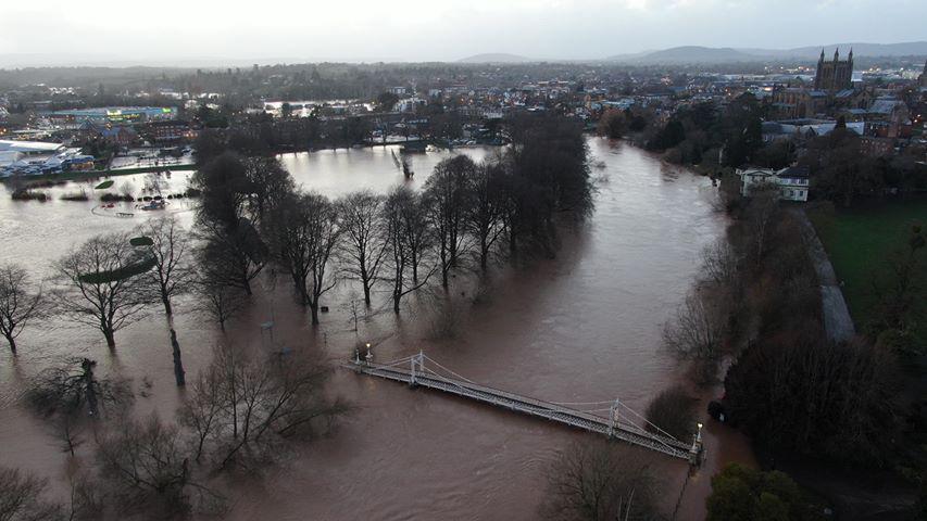 Arial image of flooding on river Wye in Hereford
