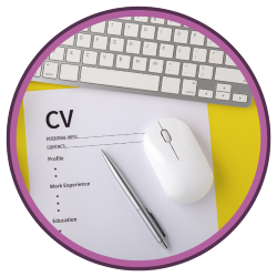 Blank CV document, keyboard, pen and mouse.