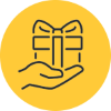 Hand holding a gift inside a yellow circle