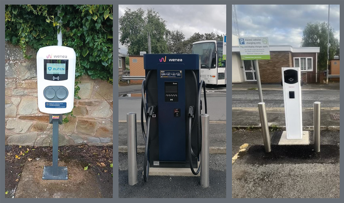 Three different types of electric vehicle charger in use in Herefordshire