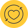 A heart with 2 arrows around it inside a yellow circle