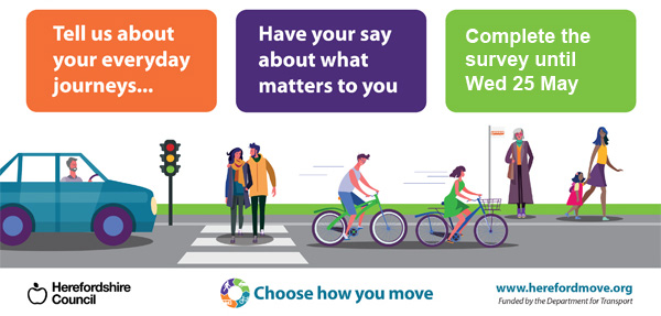 Graphic illustrations of people walking, cycling, travelling by car.Tell us about your everyday journeys;Have your say about what matters to you; Complete the survey until Wednesday 25 May
