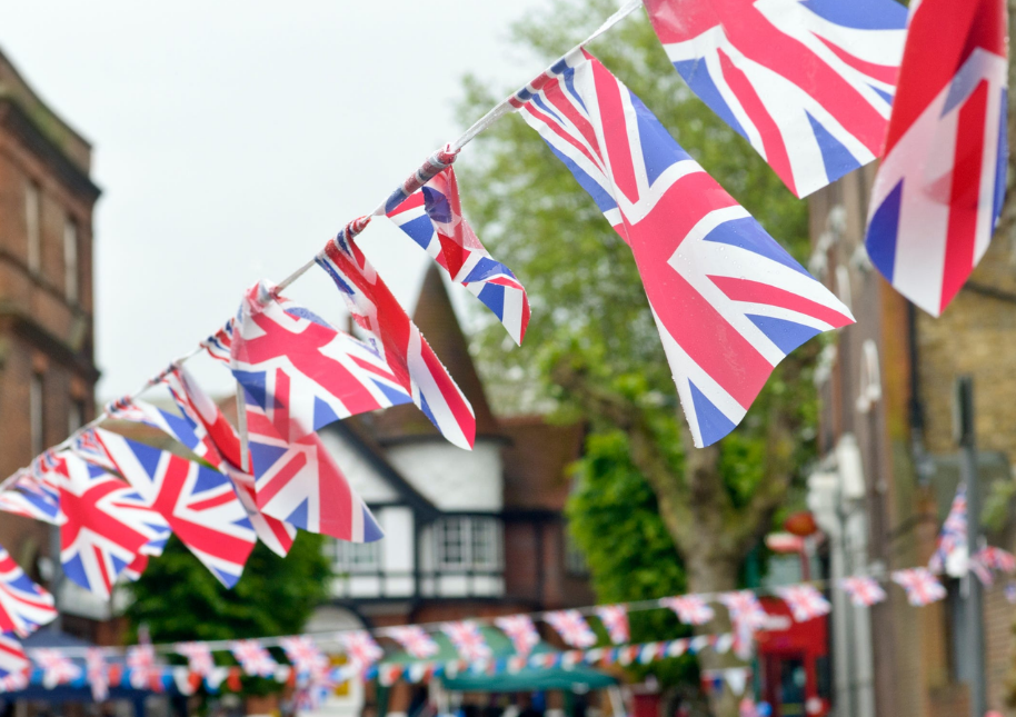 Union jack flags flutter in the breeze as street parties take place all over Herefordshire to mark the Queen&#039;s platinum jubilee