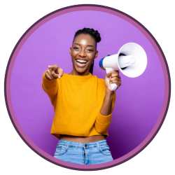 Woman with megaphone pointing at camera