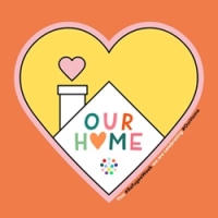 Yellow heart with Our Home in the middle, Refugee Week 2024 logo