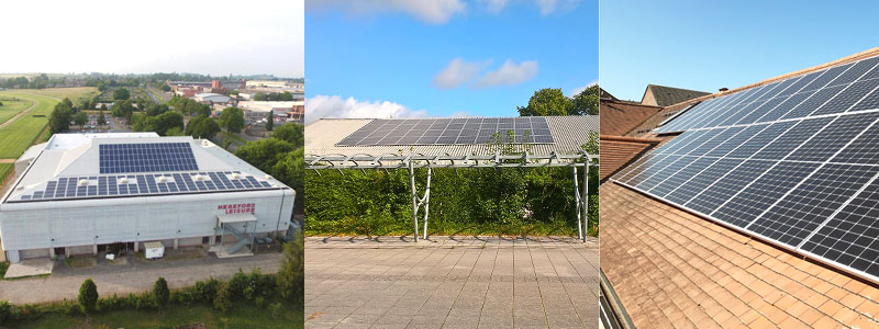 Three examples of solar panels on rooftops in Herefordshire at Herefordshire Leisure Centre, Leominster Multi-Agency Office and Hillside care home