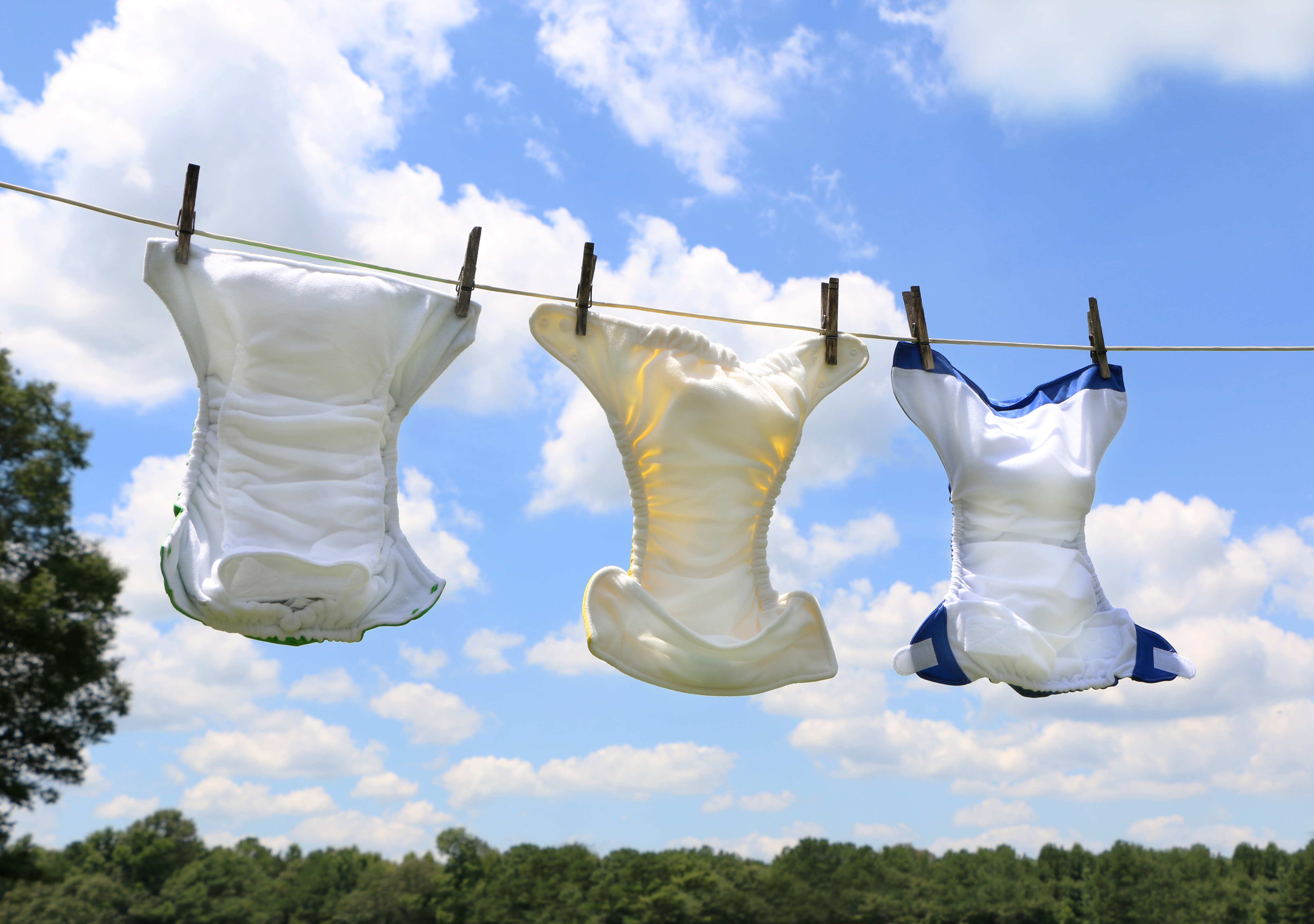 Reusable nappies hanging on washing line
